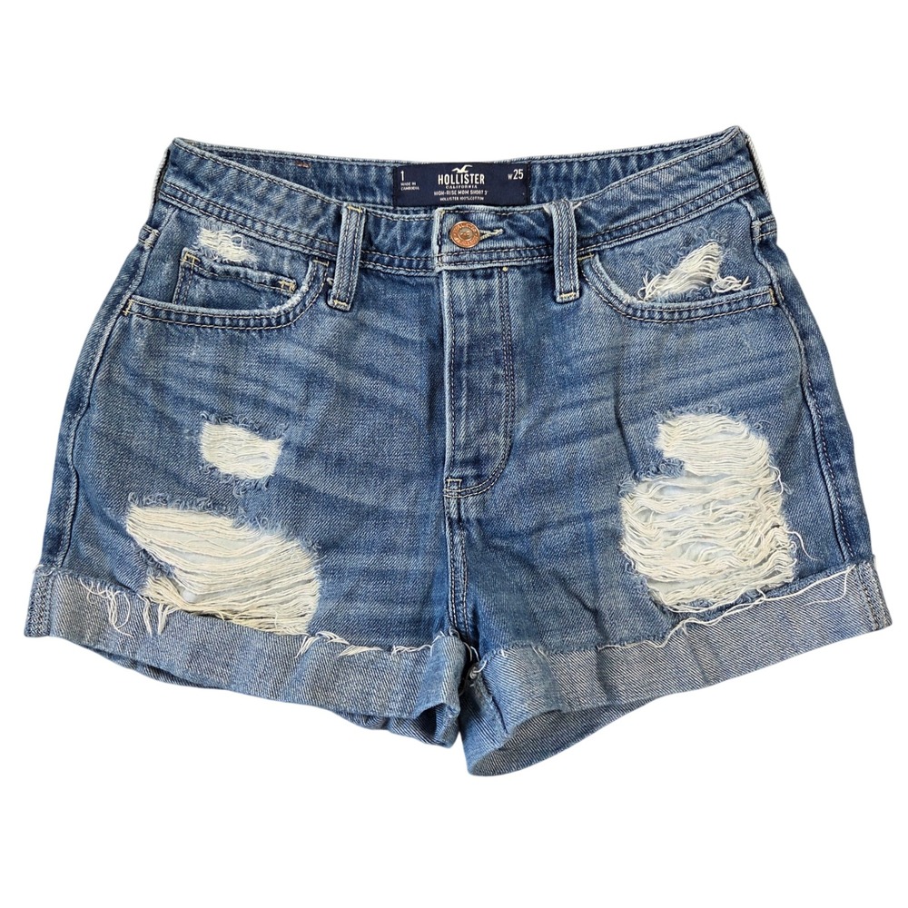 Hollister High‎ Rise Mom Shorts 1 W25 Medium Wash Distressed Button Fly Boho
